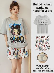 Miiow | Pure Cotton Womens Sleepwear Set With Chest Pad Summer Casual Home Clothes Short Sleeve Short Pants Cute Cartoon Design
