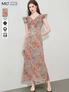 Mo | Elegant Silk Floral Print Dress Womens Summer 2025 V-neck Short Sleeve Fly Sleeve High Waist City Commute A-line Skirt