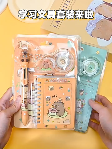 【SG Stock】Cute Cartoon 3‑in‑1 Stationery Gift Set 6‑Color Ballpoint Pen + Correction Tape + Spiral Notebook Kit