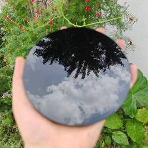 13cm High Quality Natural Obsidian Crystal Decoration With Shelf Divination Mirror Healing Crystal Round Plate Witchcraft Mirror