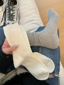 White Pure Cotton Mid-Calf Socks Womens Autumn Spring Summer Winter Trendy Grey Over-Knee Boots Match Small Leather Shoes