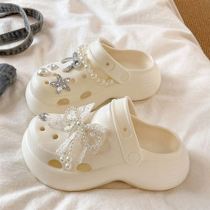 Height Increasing Slip-Resistant Fashion Pearls Lace Bow Peep Toe Clogs Slippers