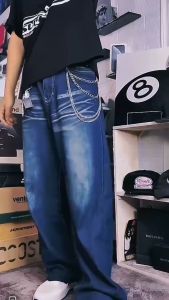 Celana Jeans Kulot Pria Baggy Pants Skena Y2K Korean Style Loose-fitting Non Stretch - Panjang Hitam Denim Straight Cowok Dewasa