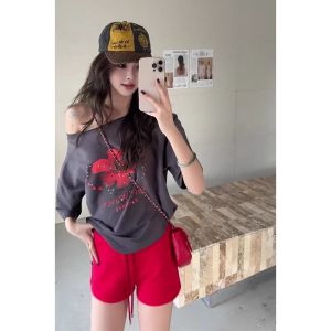 YUEZHONGWEI | Retro American Colorful Rhinestone Floral Print Short Sleeve Womens T-shirt Summer Design Shoulder Baring Side Shoulder Top