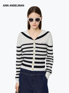ANN ANDELMAN | Black and White Stripe Sailor Collar Knitted Cardigan