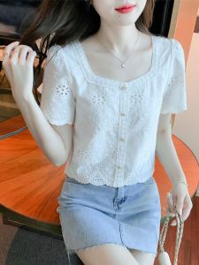 เสื้อเชิ้ตแขนสั้นผ้าฝ้ายแท้สีขาวสำหรับผู้หญิง ฤดูร้อน 2023 เสื้อเชิ้ตแขนสั้นทรงเข้ารูปสไตล์เกาหลี ทรงเข้ารูป ทรงตรง