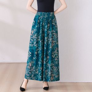 Summer Cotton Silk Floral Wide Leg Pants Nine Points High Waist Loose Fit Casual Outerwear for Middle-Aged Women Mom Style