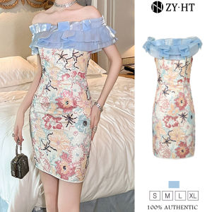 ZYHT EraVogue เดรสผู้หญิง เดรสสีฟ้า เดรสปาดไหล่ เดรสผ้าเลื่อม เดรสทำงาน เดรสไฮโซ เดรสวินเทจ เดรสออกงาน เดรสปาร์ตี้ ชุดราตรี 40397