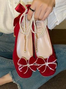 รองเท้าส้นสูง Mary Janes สีแดง ทรงสูง รองเท้าแต่งงานแบบสวม รองเท้าแต่งงานสองทาง รองเท้าแต่งงานสำหรับเจ้าสาว รองเท้าส้นหนา