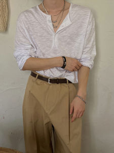 White Long Sleeve Thin Henry Collar T-Shirt Mens Casual Versatile Breathable Sun Protection Top for Spring Autumn