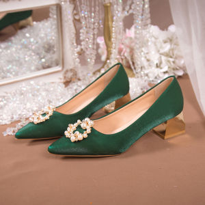 Large Size Pearl Green Wedding Shoes Womens Pointed Toe Flat Heel Traditional Chinese Style New Bride Shoes Soft Bottom Anti-Slip Maternity