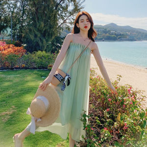 ชุดเดรสยาวเกาะอกสีเขียวชายหาดสำหรับผู้หญิง ชุดไปเที่ยวหยกหยาบ ชุดเดรสยาวเอวสูง ฤดูร้อน 2023 ฤดูใบไม้ผลิ