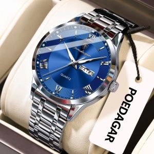 POEDAGAR Luxury Man Clock Waterproof Luminous Week Date Fashion Mens Wristwatch Stainless Steel Business Quartz Watches For Men