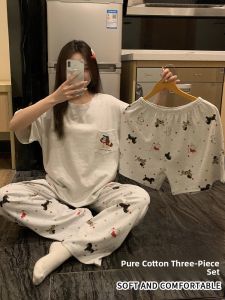 MiiOW | Pure Cotton Summer Thin Short Sleeve Sleepwear Womens Home Clothes Three-piece Set Cat Person Casual Style Round Neck Design