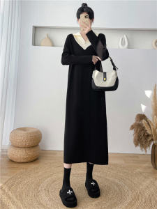 Korean Style Knitted Dress Loose Lazy Style Large Size Elegant Coat Collar Sweater Dress Casual Loose Waist Other Material Long Sleeve Straight Tube Dress