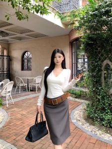 Gray Belted Suit Skirt High Waist Straight Cut Midi Slimming Wrap A-Line Skirt Womens Autumn Winter Versatile Commute Style