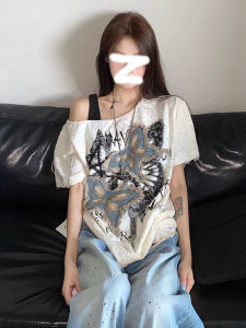 American Style Butterfly Shoulder Bared Short Sleeve T Shirt Women Summer Hot Girl Lockbone Top Design Sense Cool Feeling