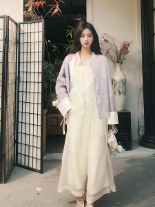 Double-Layer Mango-Length Wide-Leg Pants Skirt in Traditional Chinese Style Vintage Feeling for Women Polyester Material