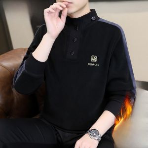 HENGYUANXIANG | Thickened Fleece Lined Hoodie High Collar Long Sleeve Mens T-shirt Fashionable Winter Warm Sweatshirt Youth Polyester Spandex