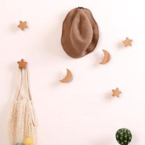 Nordic Real Wood Wall Hooks No Drilling Entrance Wall Sticky Hooks Clothes Hat Stars Moons Creative Wooden Storage Organizer