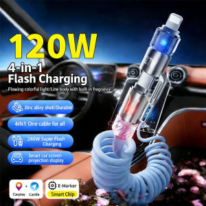 4-IN-1 120W Spring Fast Charging Cable with LED Light Aromatherapy PD 27W Type-C to Type-C Super Fast Charger for iPhone Xiaomi Samsung Huawei
