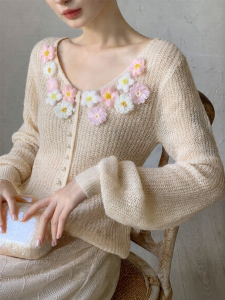 XXNING | Áo Cardigan Len Thêu Ren Pháp Ngọt Ngào Elegance Mềm Mại