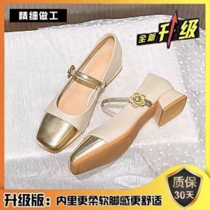 French Style Spliced Mary Jane Womens Shoes with Thick Heel Real Leather Single Shoes for Girls Summer Anti-Slip Rubber Sole