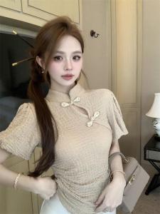 GUZILIAN | Summer Style Reformed Button Up Cheongsam Top Womens New Chinese Retro Elegant Waist Cinching Slimming Short Sleeve T-Shirt