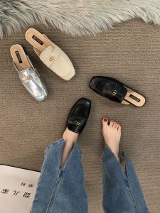 French Style Flat Bottom Mules Silver Slip-On Womens Shoes Summer Autumn New Korean Version Head Cover Sandals Lazy Shoes