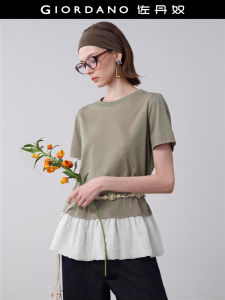 Designer Giordano Short Sleeve T-Shirt Women Summer Splicing Bubble Lace Loose round Neck Top Casual Style Cotton 100%