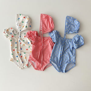 Infant Print Bubble Sleeve Swimsuit with Hat