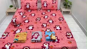 Bộ ga giường Drap nệm Thun Lạnh Hàn Quốc 4 món họa tiết Hoạt hình (1 ga bọc + 2 vỏ gối nằm + 1 vỏ gối ôm)