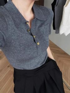 PEIXI | Elegant V-Neck Grey Knitted Short Sleeve Womens Polo Shirt