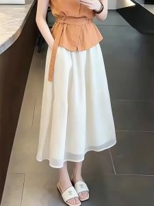 High Waist White Half-Skirt Lace-Up Skirt Umbrella Style Flowy Summer