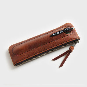 Genuine Leather Pen Case Small Pencil Bag Mens Style Tanned Cowhide Zipper Large Capacity Stationery Bag for Students