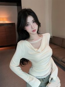 GUZILIAN | Slimming Pure Desire Hollow Out Lace Patchwork Long Sleeve Womens T-Shirt Base Shirt Inner Wear Top V-neck Knitted Summer