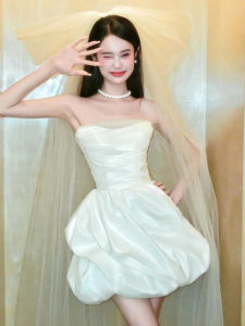 French Style Short Puffy Wedding Dress Satin Surface Bridesmaid Sweet Style mid Waist No Sleeve Zipper for Registry And Ceremony