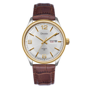 Deesio Fashion Casual Sports Leather Strap Watch Mens Automatic Mechanical Watch Stainless Steel Case Dual Calendar Display