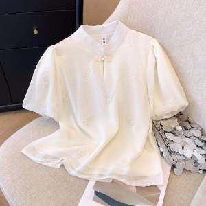 New Chinese Style Embroidered Bubble Sleeve Short Shirt Women Summer Fashion Sun Protection Straight Cut Button up Blouse