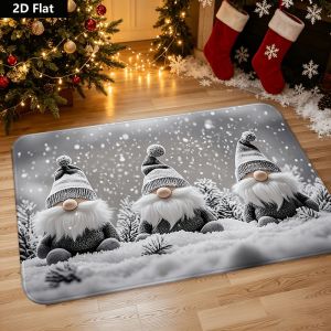 VIKAMA Christmas Gnome Doormat Flannel Non Slip Entrance Floor Mat Soft Washable Snowy Gray Pattern Entryway Rug Xmas Holiday