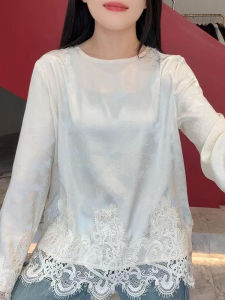 round Neck Embroidered T-Shirt Womens Inner Wear Lace Simple Shirt Chinese Style Floral Pattern Loose Fit Long Sleeve Top