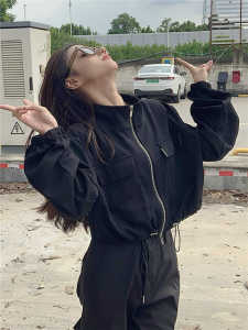 High Waist Short Bubble Sleeve Double Zipper Jacket Womens Fashion Design Drawstring Top Black High Waist Outerwear