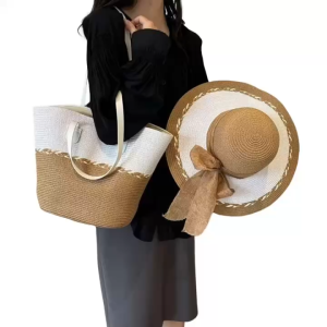 2in1 set Tote Bag and Sun Hat Straw Woven Shoulder Bag Straw Sun Hat Outdoor travel Beach vacation
