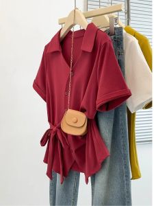 AIYITI | Unique Stylish Red Short-sleeved Polo-neck T-shirt Summer Plus Size Slimming