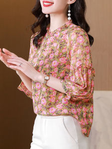 NVSHENJI | Elegant Silk Shirt Womens Floral Print杭州桑蚕丝遮肉小衫 Spring Summer New Style Age-Defying European Fashion Ladylike