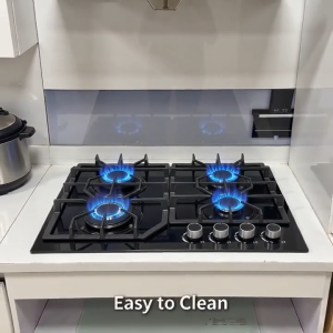 4 Burner Built‑in Gas Hob 60CM Black Tempered Glass Top Electric Automatic Ignition Fire Failure Safety Device Heavy‑Duty Cast Iron Pan Support Easy To Clean Gas Stove for Home Kitchen