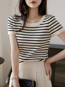 Áo Thun Dệt Kim Cổ Vuông Tay Ngắn Mùa Hè Ice Silk Mỏng Màu Khối Đa Năng Cho Nữ Áo Thun Dài Thường Ngày Bằng Polyester