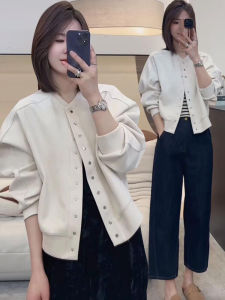 แจ็คเก็ตเบสบอลสั้นสำหรับผู้หญิง คอกลม แขนยาว ทรงหลวม สไตล์ลำลอง แจ็คเก็ตฤดูใบไม้ร่วงสำหรับผู้หญิง สไตล์หวานๆ