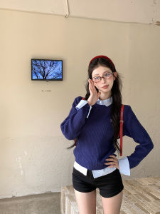 Black White Contrast Color Block Knitted Shirt Womens Inner Wear Autumn Winter Korean Style College Fashion Sweater High Intelligence Top