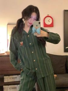 Bộ Đồ Ngủ Sọc Mỏng Mùa Thu Đông Cho Nữ Bộ Đồ Mặc Nhà Phong Cách Hàn Quốc INS Bộ Đồ Ngủ Dài Tay Cổ Vuông Họa Tiết Sọc